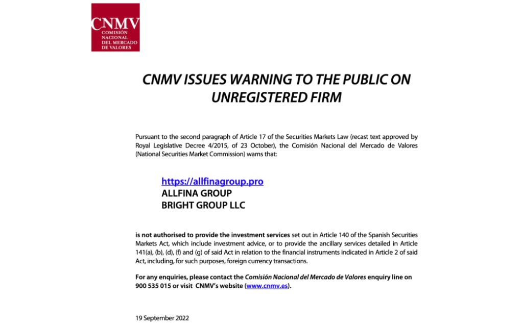Allfina Group Warnung der CNMV