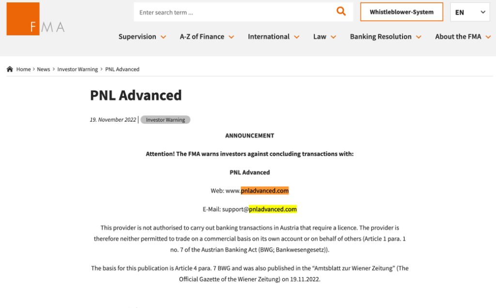PNL Advanced Warnungen von Betrug