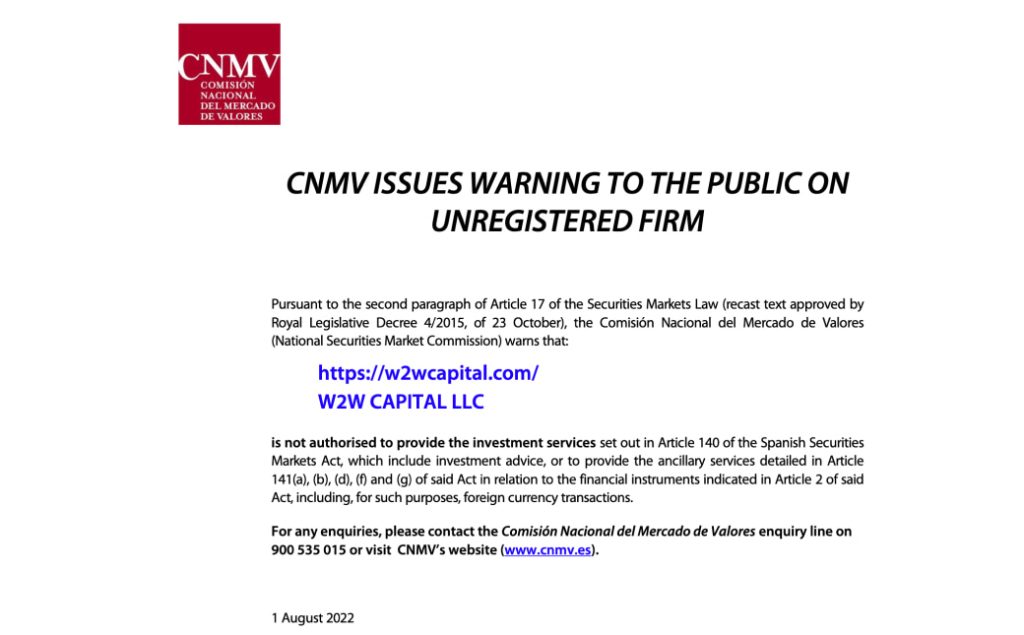 W2W Capital Warnungen der Finanzaufsichtsbehörden