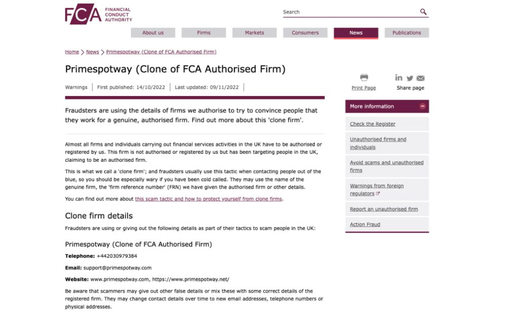 Betrugswarnung der Financial Conduct Authority (FCA) in Großbritannien